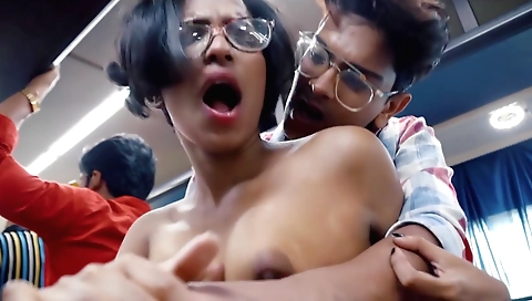 Sexy brunette woman riding a bike in the public bus