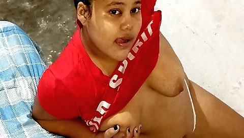 Horny brunette in her stepdad's room fucks herself