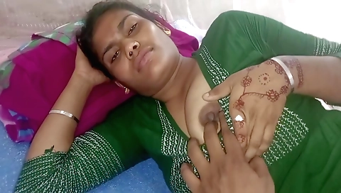 Busty wife and hubby with big tits on the bedroom bed