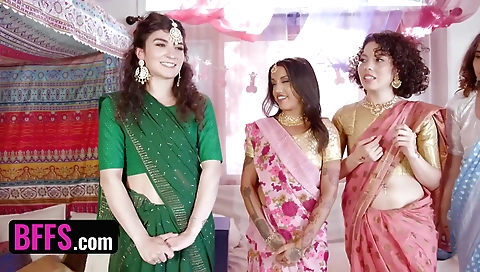 Two hotties are getting their holes stretched by a big group