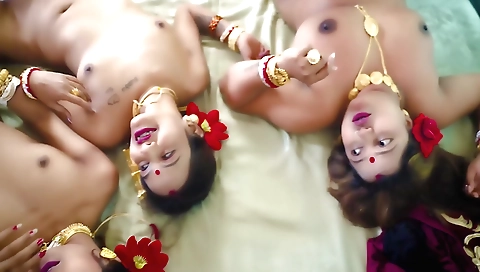 Indian girl with a tattoo is sharing her twat with three brothers