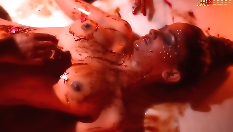 A big-boobed brunette is with a big-butt lover with a large dick