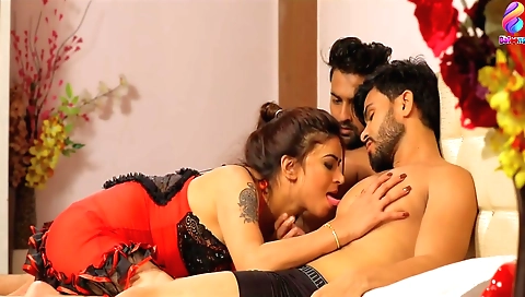 Brunette and a guy in a black suit in a hot threesome